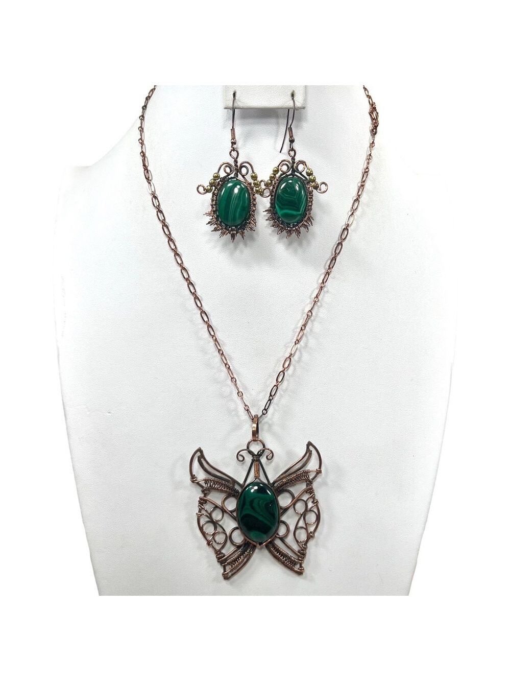 Copper Malachite Vintage Style Butterfly Gemstone Necklace & Earrings Set